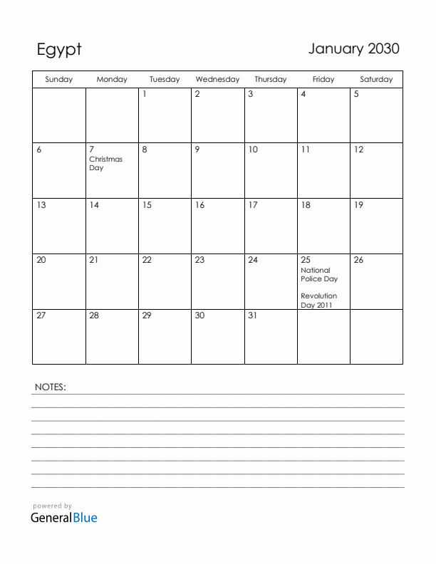January 2030 Egypt Calendar with Holidays (Sunday Start)
