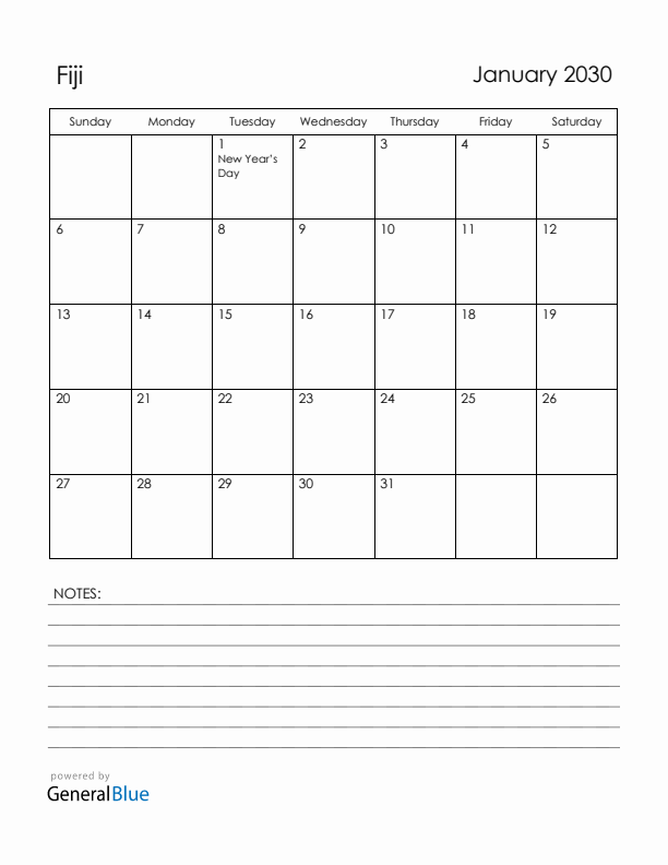January 2030 Fiji Calendar with Holidays (Sunday Start)