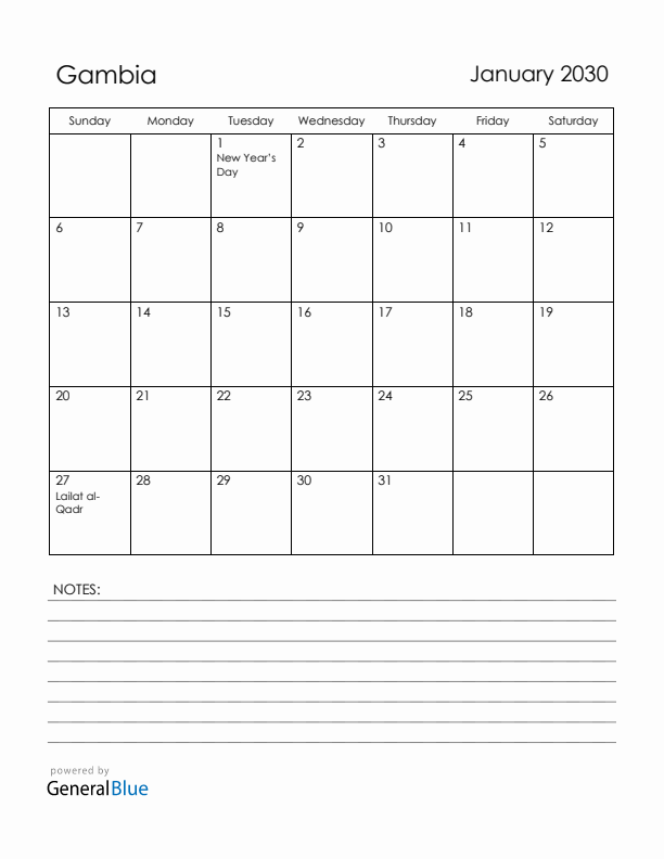 January 2030 Gambia Calendar with Holidays (Sunday Start)