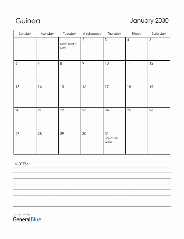 January 2030 Guinea Calendar with Holidays (Sunday Start)