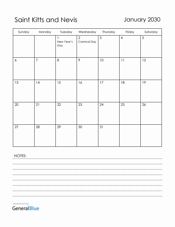 January 2030 Saint Kitts and Nevis Calendar with Holidays (Sunday Start)