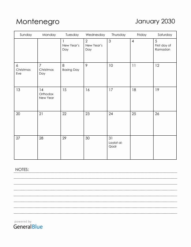 January 2030 Montenegro Calendar with Holidays (Sunday Start)