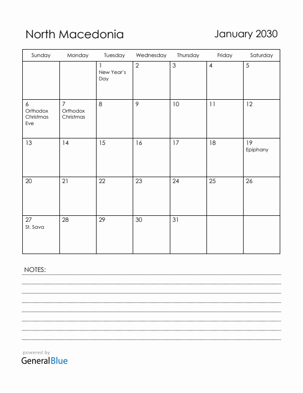 January 2030 North Macedonia Calendar with Holidays (Sunday Start)