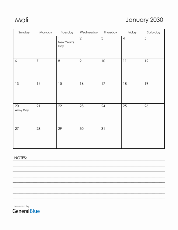 January 2030 Mali Calendar with Holidays (Sunday Start)