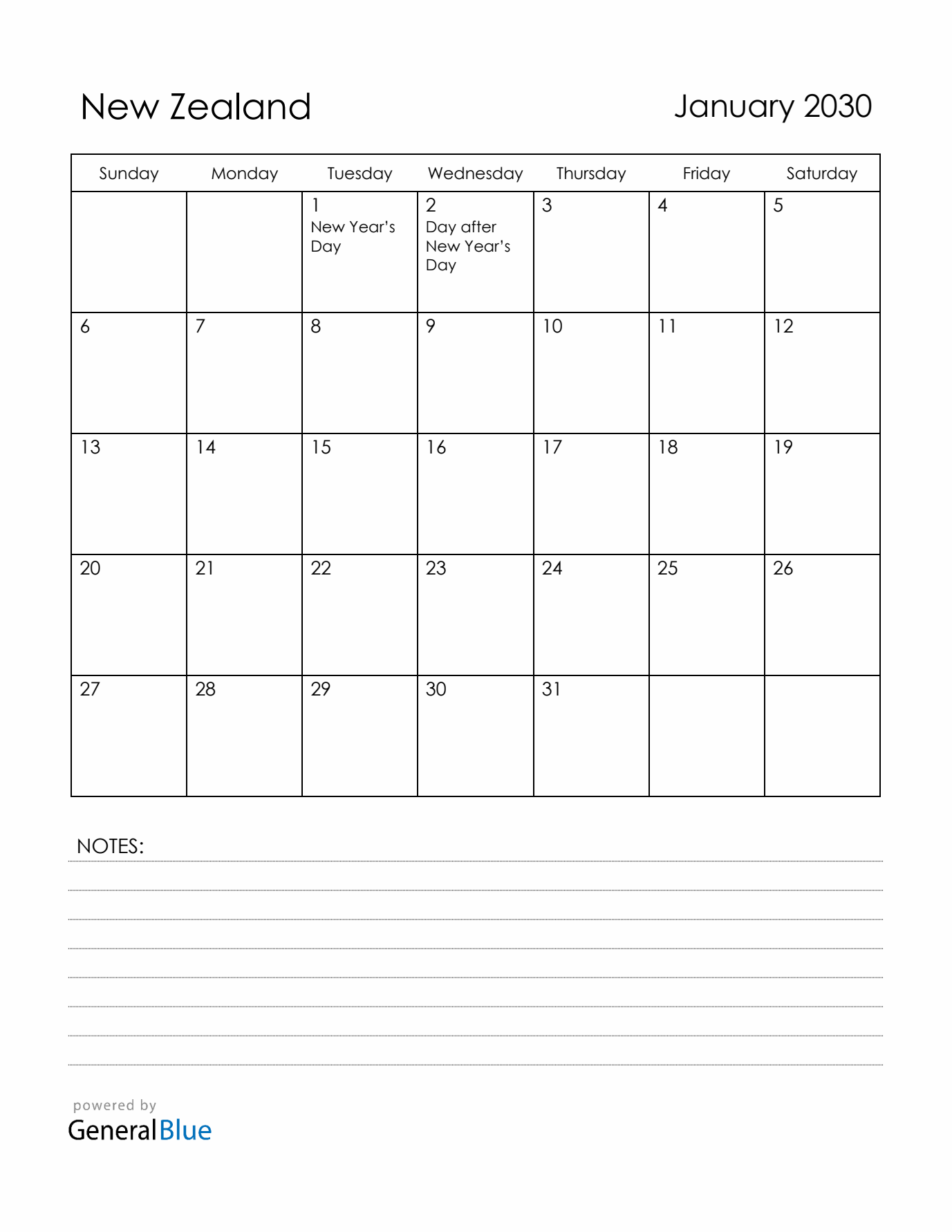 January 2030 New Zealand Calendar with Holidays (Sunday Start)