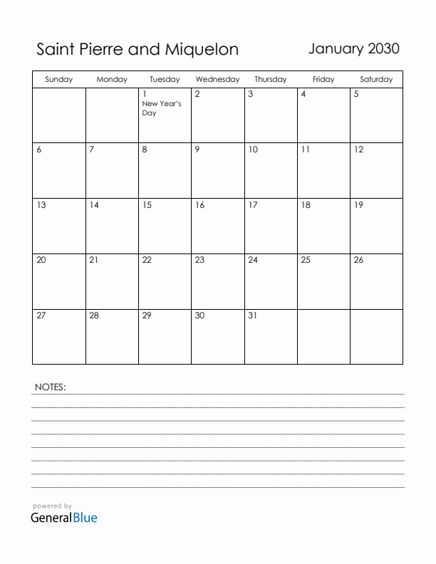 January 2030 Saint Pierre and Miquelon Calendar with Holidays (Sunday Start)