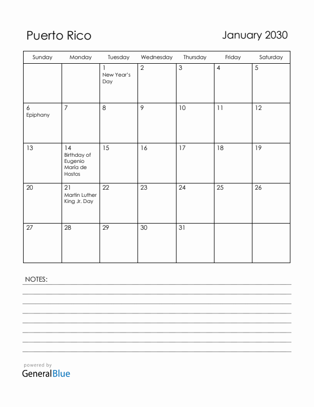 January 2030 Puerto Rico Calendar with Holidays (Sunday Start)