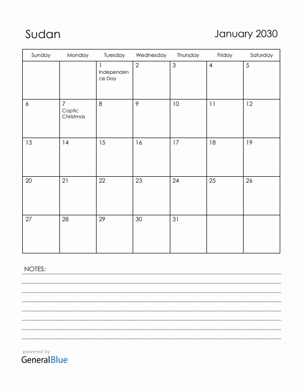 January 2030 Sudan Calendar with Holidays (Sunday Start)