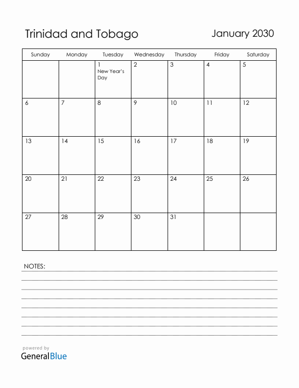 January 2030 Trinidad and Tobago Calendar with Holidays (Sunday Start)
