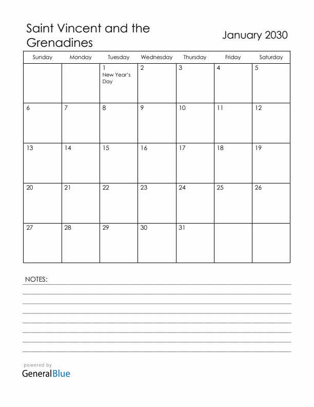 January 2030 Saint Vincent and the Grenadines Calendar with Holidays (Sunday Start)