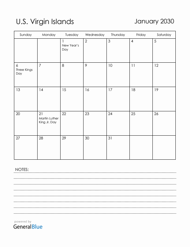 January 2030 U.S. Virgin Islands Calendar with Holidays (Sunday Start)