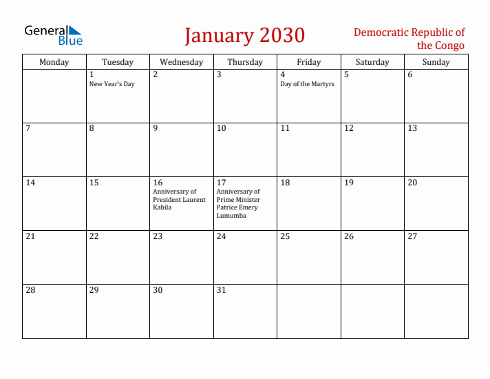 Democratic Republic of the Congo January 2030 Calendar - Monday Start