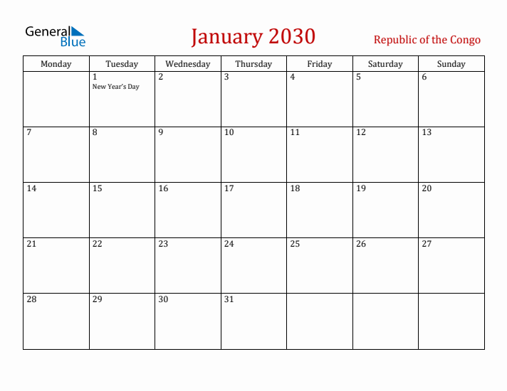 Republic of the Congo January 2030 Calendar - Monday Start