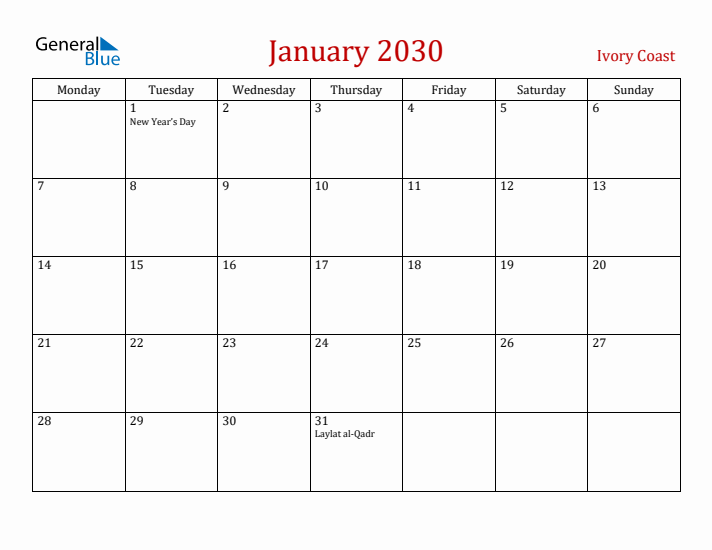 Ivory Coast January 2030 Calendar - Monday Start