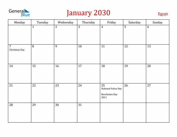 Egypt January 2030 Calendar - Monday Start