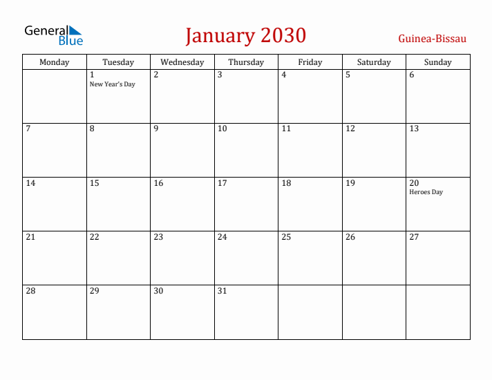 Guinea-Bissau January 2030 Calendar - Monday Start