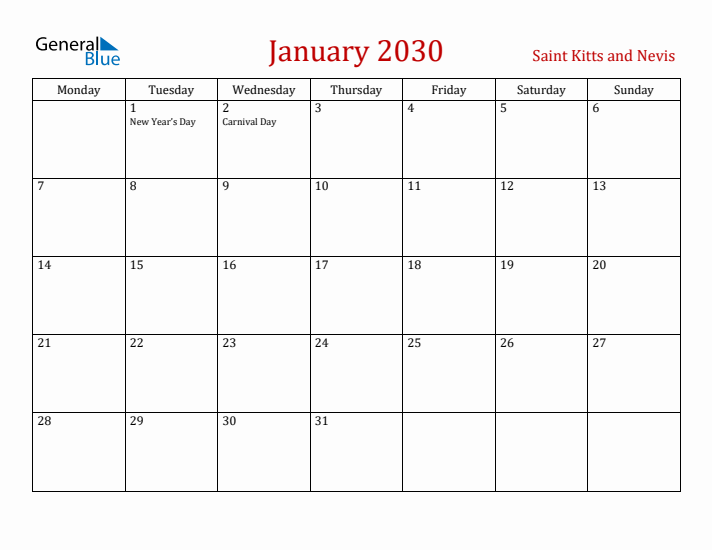 Saint Kitts and Nevis January 2030 Calendar - Monday Start