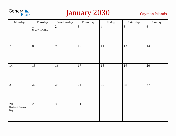 Cayman Islands January 2030 Calendar - Monday Start