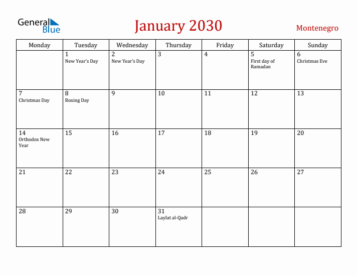 Montenegro January 2030 Calendar - Monday Start