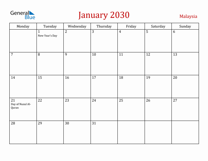 Malaysia January 2030 Calendar - Monday Start