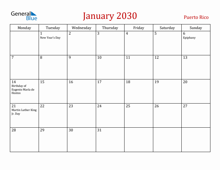 Puerto Rico January 2030 Calendar - Monday Start