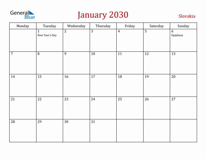 Slovakia January 2030 Calendar - Monday Start