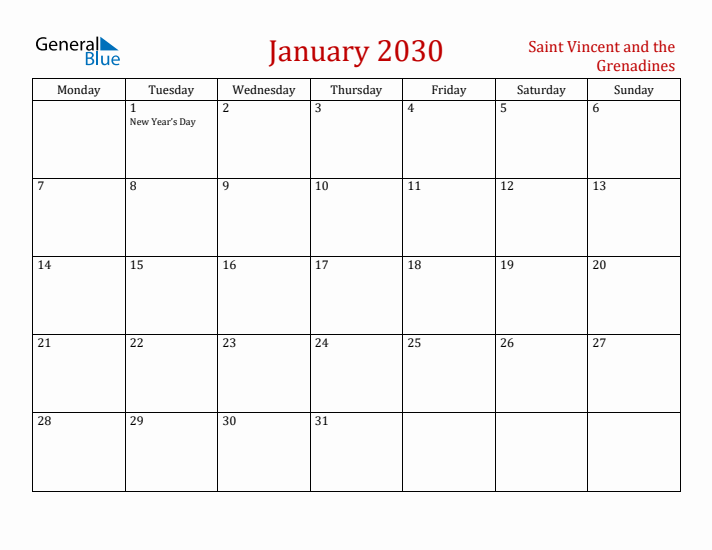 Saint Vincent and the Grenadines January 2030 Calendar - Monday Start