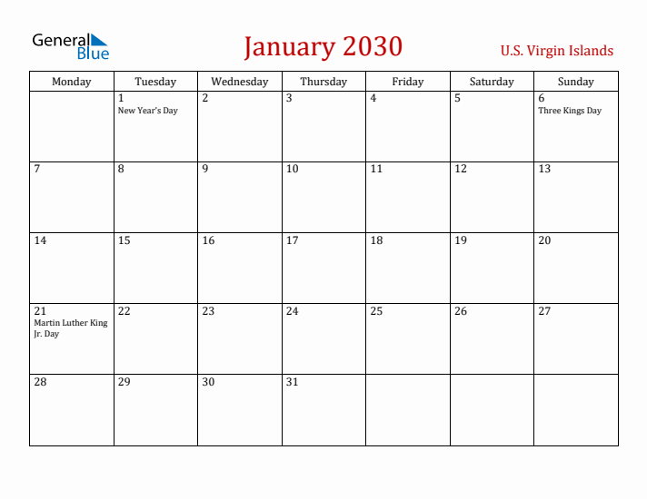 U.S. Virgin Islands January 2030 Calendar - Monday Start