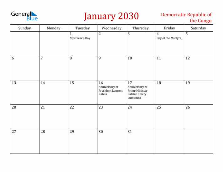 Democratic Republic of the Congo January 2030 Calendar - Sunday Start