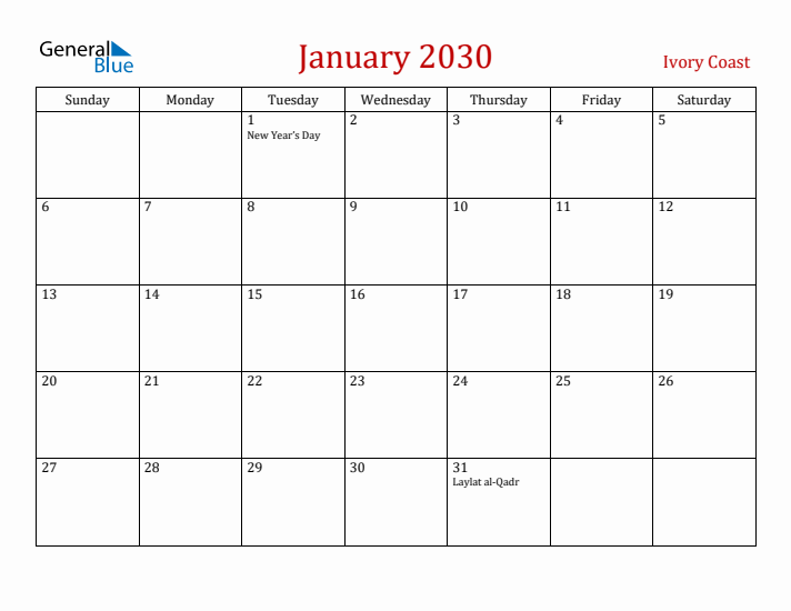 Ivory Coast January 2030 Calendar - Sunday Start