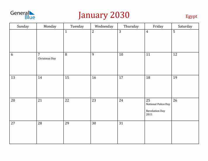 Egypt January 2030 Calendar - Sunday Start