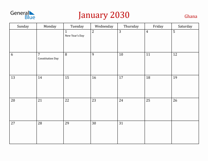 Ghana January 2030 Calendar - Sunday Start