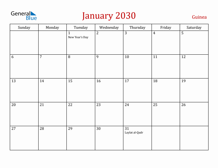 Guinea January 2030 Calendar - Sunday Start