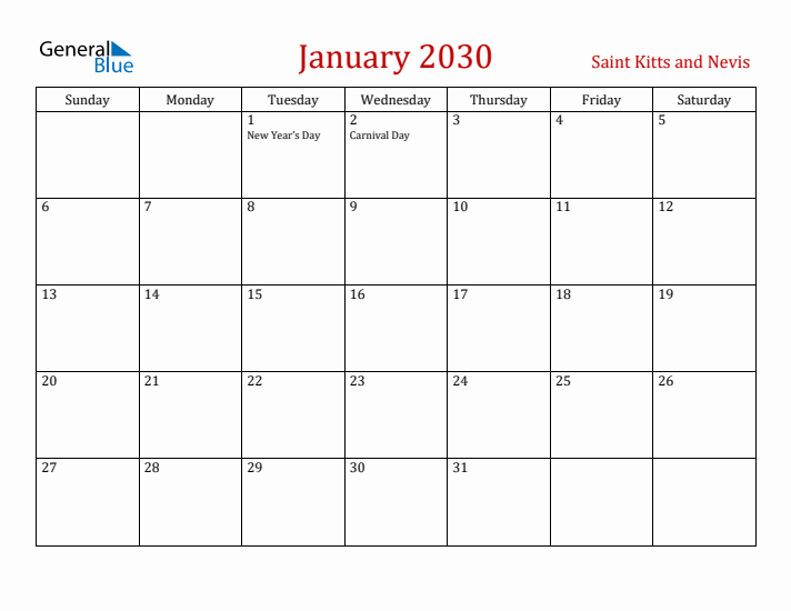 Saint Kitts and Nevis January 2030 Calendar - Sunday Start