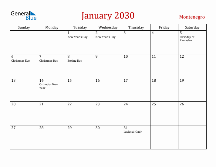Montenegro January 2030 Calendar - Sunday Start