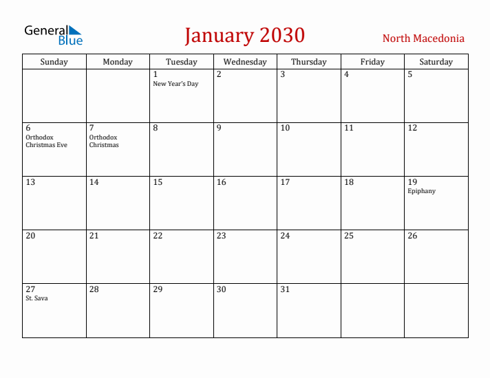 North Macedonia January 2030 Calendar - Sunday Start