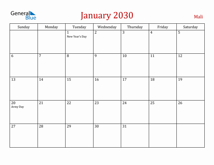 Mali January 2030 Calendar - Sunday Start