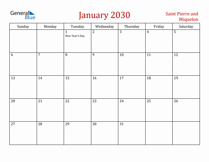 Saint Pierre and Miquelon January 2030 Calendar - Sunday Start