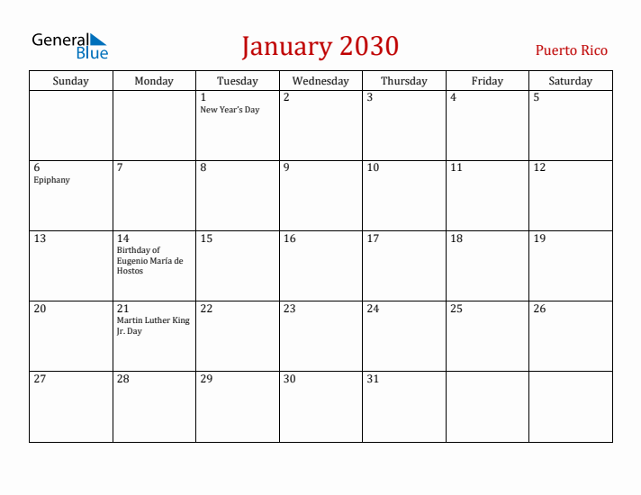 Puerto Rico January 2030 Calendar - Sunday Start