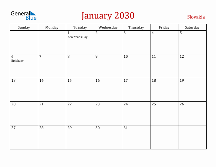 Slovakia January 2030 Calendar - Sunday Start