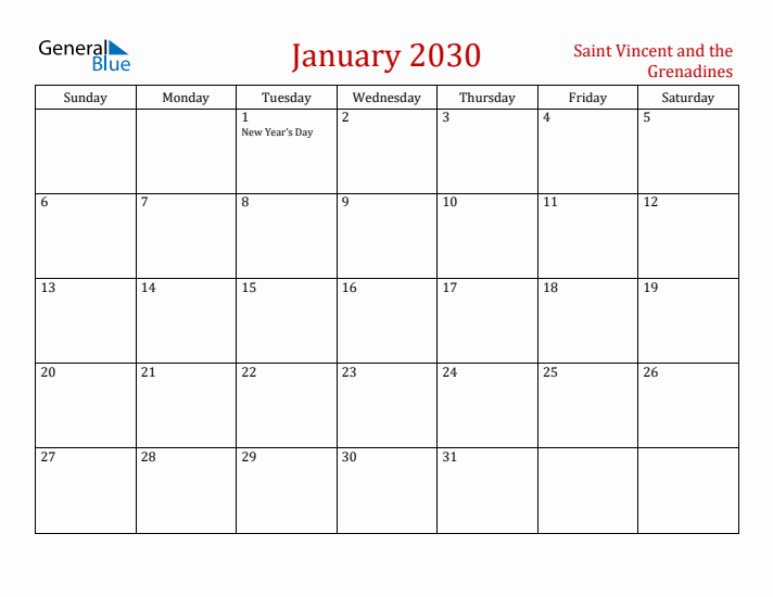 Saint Vincent and the Grenadines January 2030 Calendar - Sunday Start