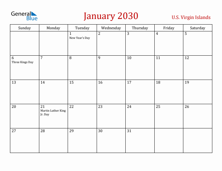 U.S. Virgin Islands January 2030 Calendar - Sunday Start