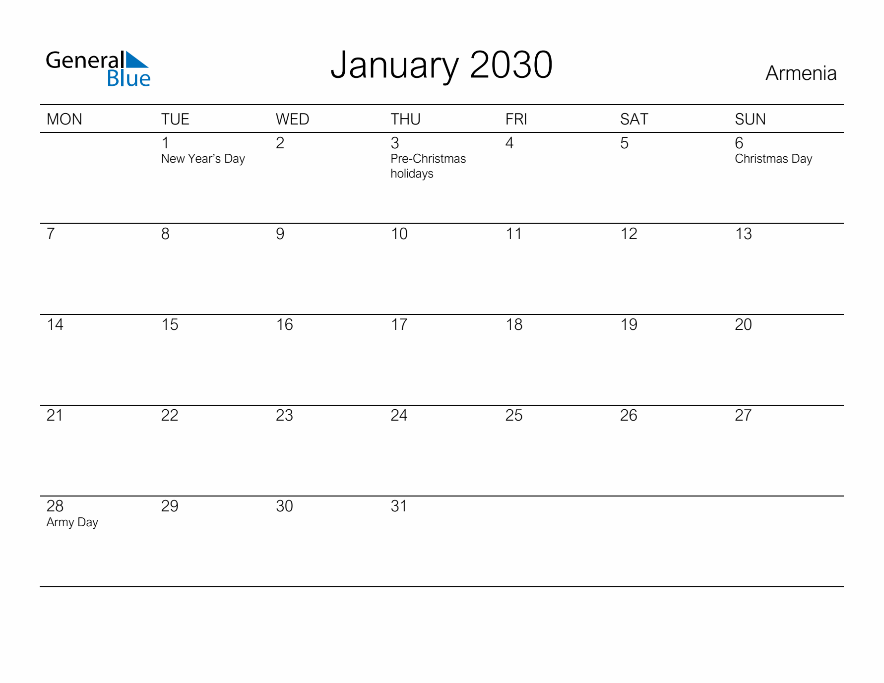 Printable January 2030 Calendar for Armenia