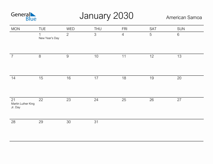 Printable January 2030 Calendar for American Samoa