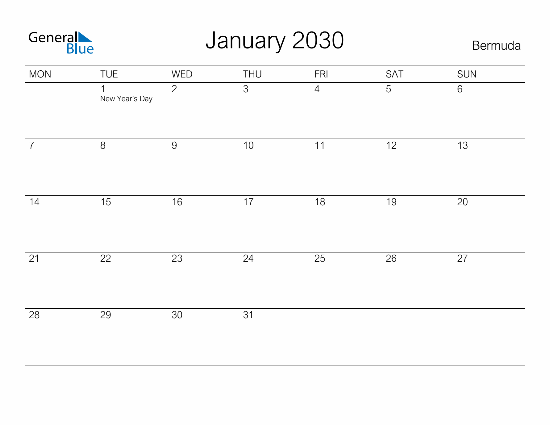 Printable January 2030 Calendar for Bermuda