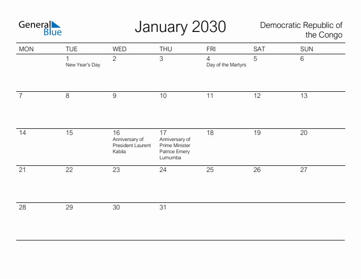 Printable January 2030 Calendar for Democratic Republic of the Congo