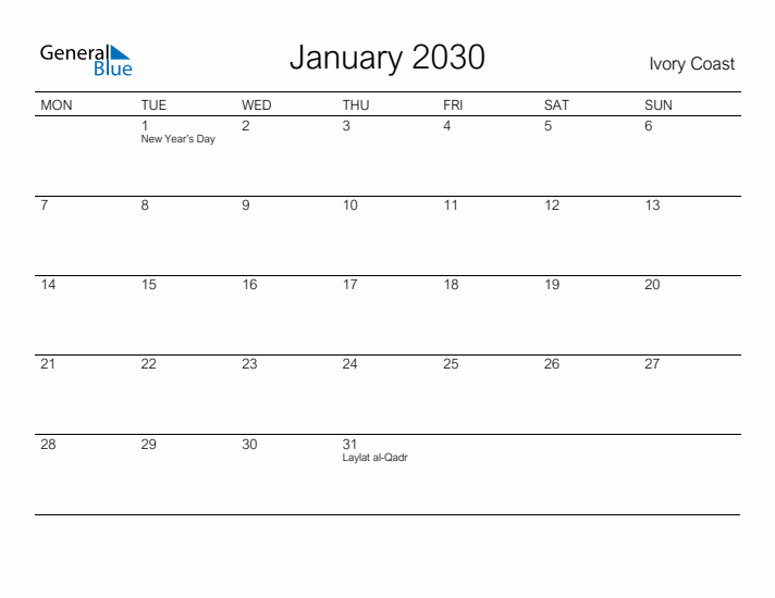 Printable January 2030 Calendar for Ivory Coast