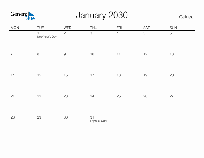 Printable January 2030 Calendar for Guinea
