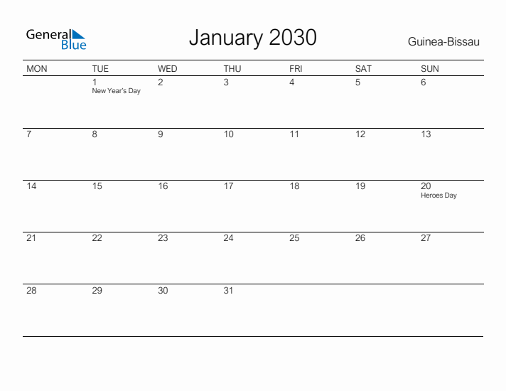 Printable January 2030 Calendar for Guinea-Bissau