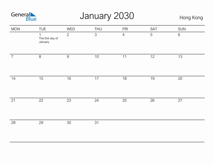 Printable January 2030 Calendar for Hong Kong